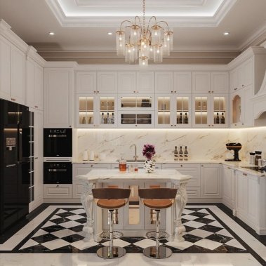 TỦ BẾP 04 - GỖ TONE TRẮNG CÁNH PANEL CỔ ĐIỂN