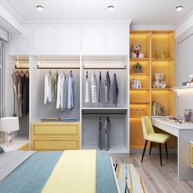 NỘI THẤT PHÒNG NGỦ 15 - GỖ MDF CHỐNG ẨM CHẠY PANEL TONE MÀU TRẮNG PHỐI VÀNG