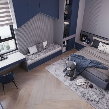 PHÒNG NGỦ CHO BÉ TRAI GỖ MDF CHỐNG ẨM SƠN MÀU XANH KẾT HỢP XÁM