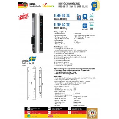 Khóa thông minh nhận diện khuôn mặt Face ID cửa nhôm sắt DEMAX EL908 AG CNC APP WIFI - chống nước