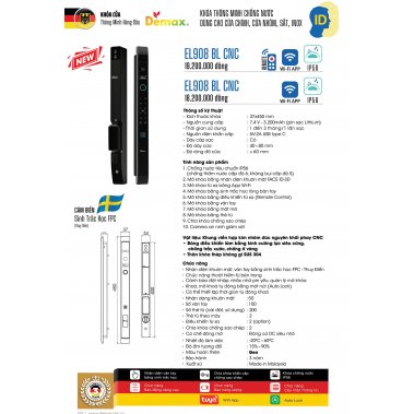 Khóa thông minh nhận diện khuôn mặt Face ID cửa nhôm sắt DEMAX EL908 BL CNC APP WIFI - chống nước